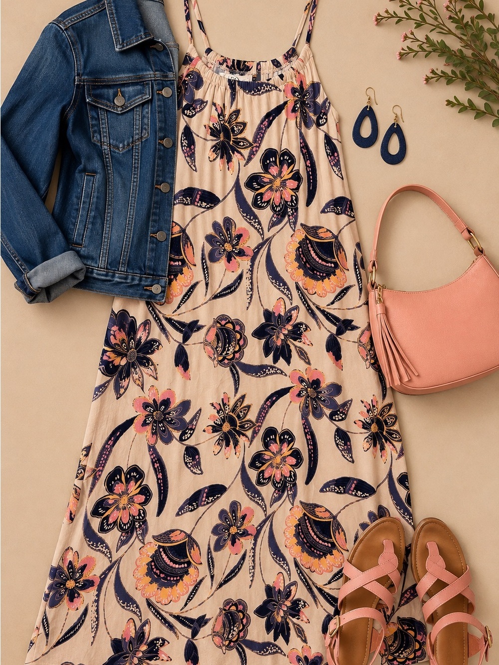 Maurices 24/7 Floral Strappy Maxi Dress Navy Blush Cream